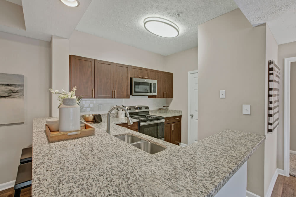 Kitchen with stainless steel appliances and granite counter tops at Avia at North Springs in Atlanta, Georgia