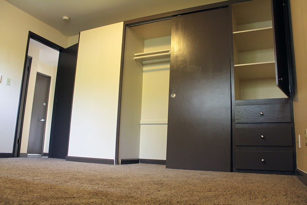 Bedroom with spacious closet and built-in wardrobe at Starliter in Seattle, Washington