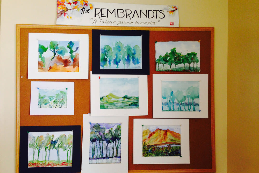 The Rembrandt board with paintings at Gables of Ojai in Ojai, California 