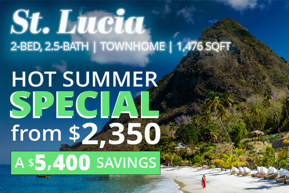 St. Lucia 2-bed, 2.5-bath townhome at 1,476 square feet with hot summer special from $2,350 and $5,400 savings.