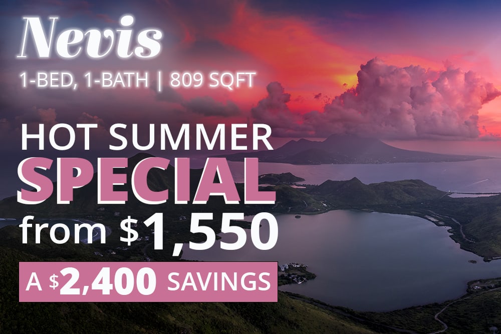 Nevis 1-bed, 1-bath apartment at 809 square feet with hot summer special from $1,550 and $2,400 savings.