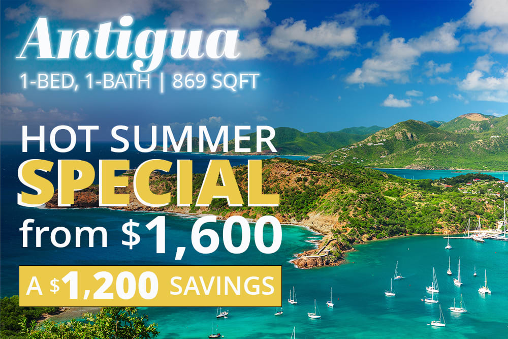 Antigua 1-bed, 1-bath apartment at 869 square feet with hot summer special from $1,600 and $1,200 savings.