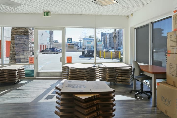 Boxes are stacked in an alternating pattern inside the front office at A-1 Self Storage on Vineland in North Hollywood, California.