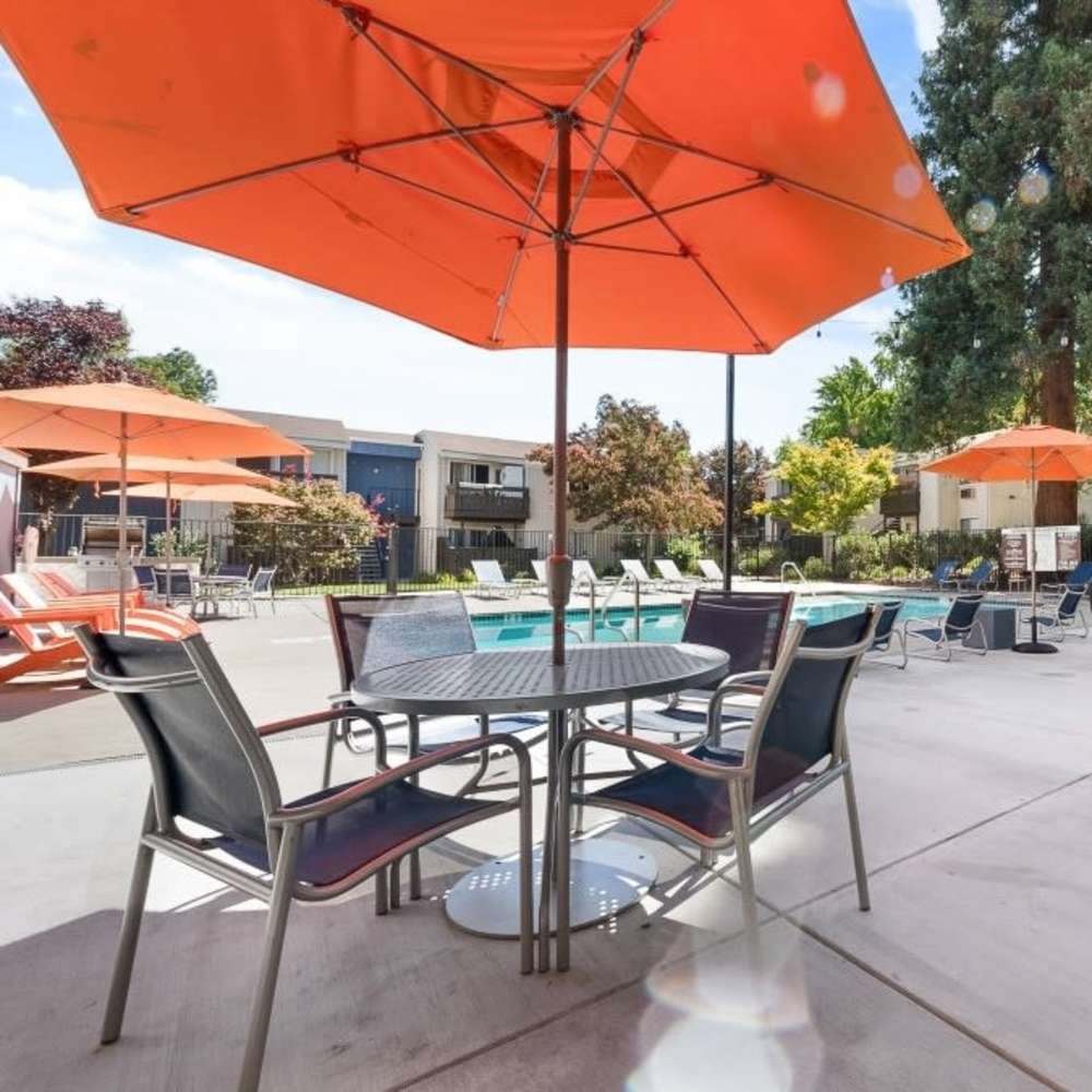 Seating area for the residents by the pool deck at Vista in San Jose, California