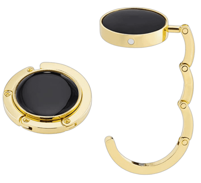 Gold and black foldable, portable handbag hook for tables