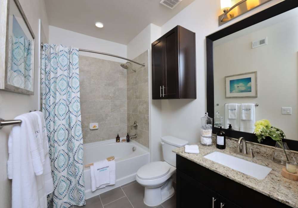 Bathroom with tiled walk-in shower at Harmony Park in Spring, Texas