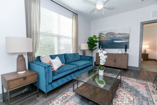 Living room in a model apartment at Gibson Flowery Branch in Flowery Branch, Georgia