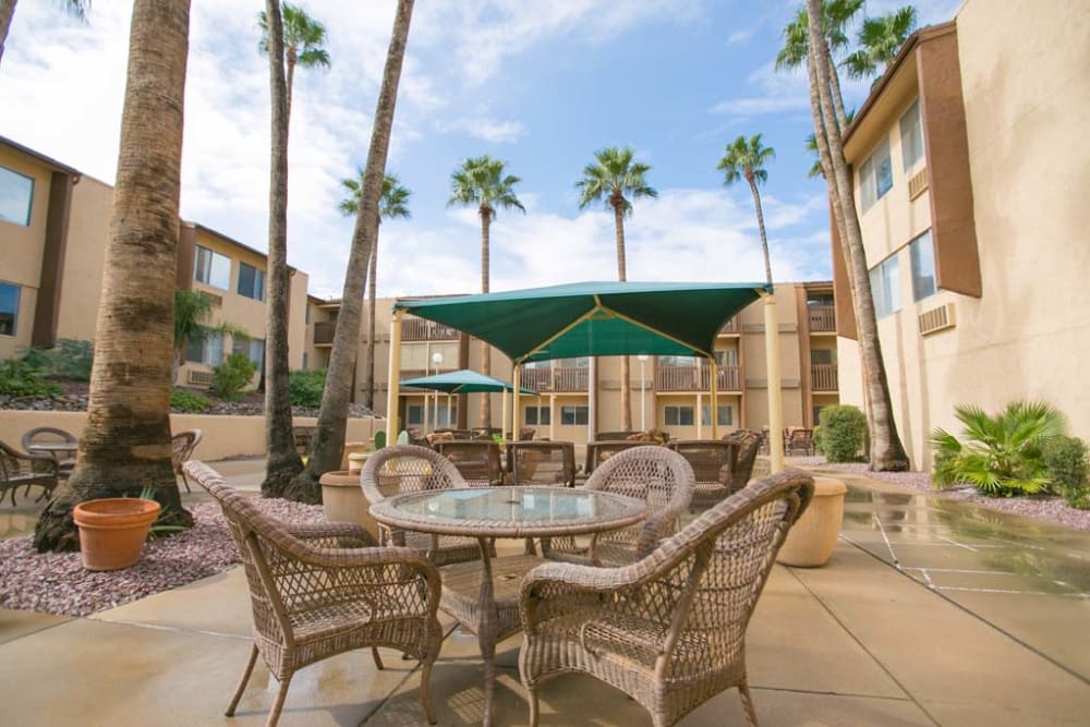 Courtyard seating with a palm tree background at Sherwood Village Assisted Living & Memory Care in Tucson, Arizona