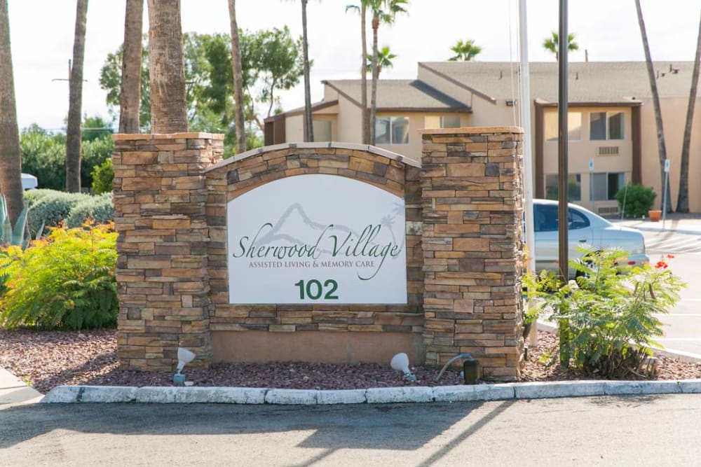 Front sign at Sherwood Village Assisted Living & Memory Care in Tucson, Arizona