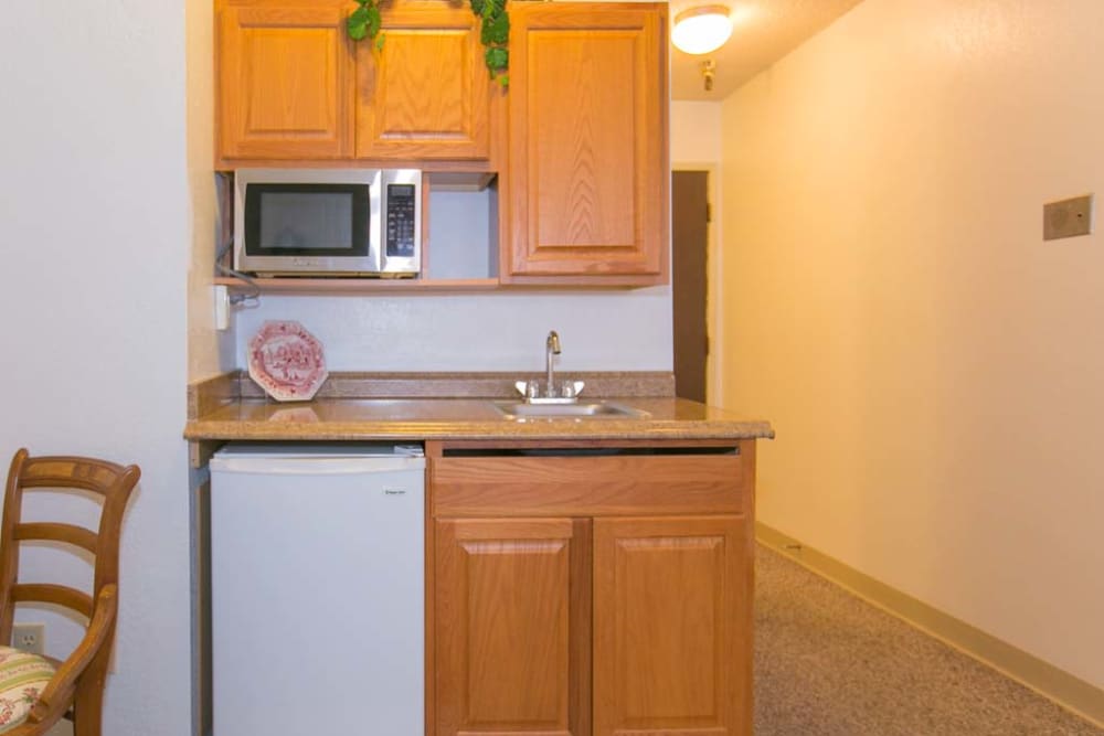 Kitchen in apartment at Sherwood Village Assisted Living & Memory Care in Tucson, Arizona