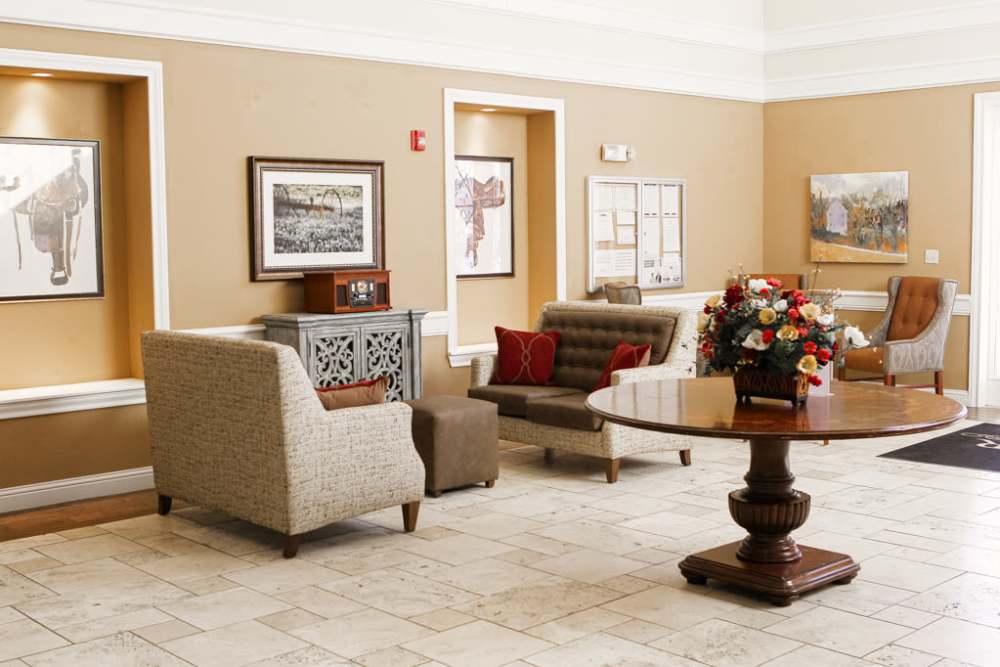 The reception desk at Isle at Raider Ranch in Lubbock, Texas