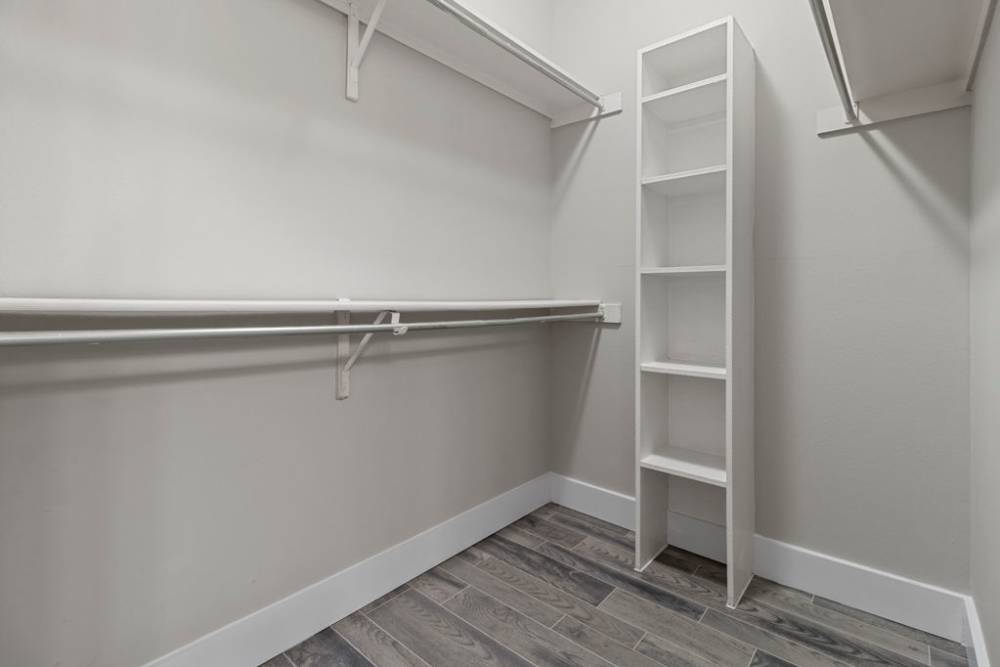 Spacious walk-in closet with shelves at Charleston in San Antonio,Texas