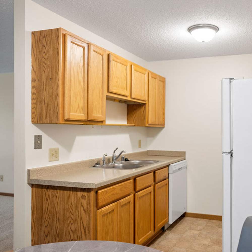 Kitchen with white appliances at Solace on Lake Minnetonka in Spring Park, Minnesota