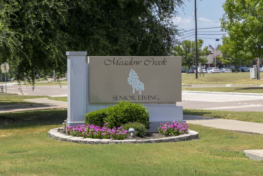 Front sign at Meadow Creek Senior Living in Lancaster, Texas