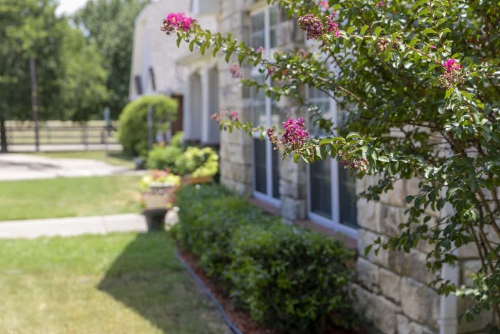 Beautiful flowers and the exterior of the buildings at Meadow Creek Senior Living in Lancaster, Texas