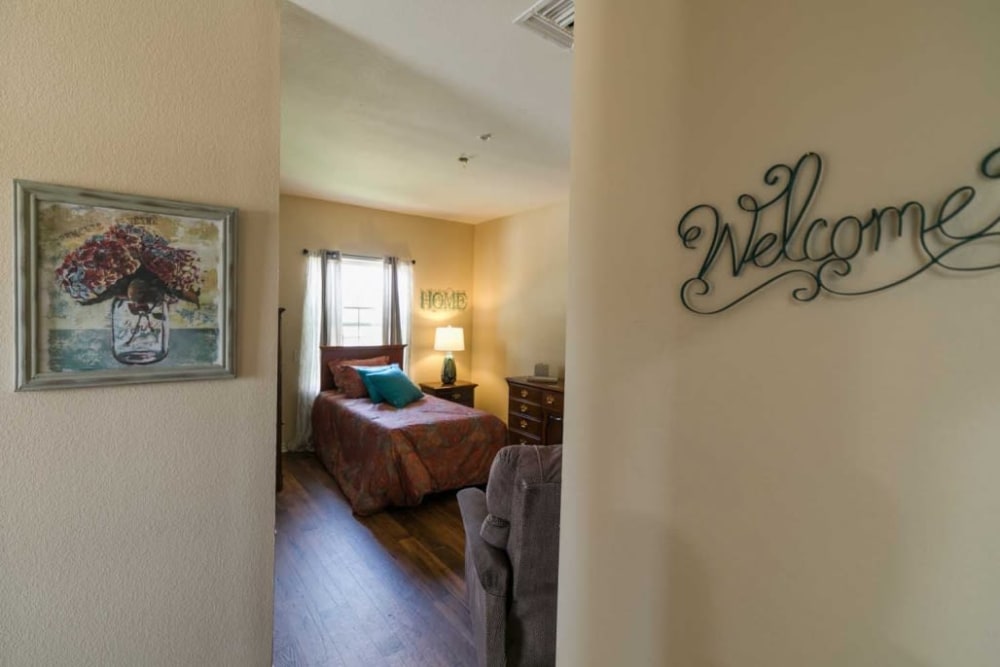 Inside of senior living bedroom at Lakeshore Assisted Living and Memory Care in Rockwall, Texas