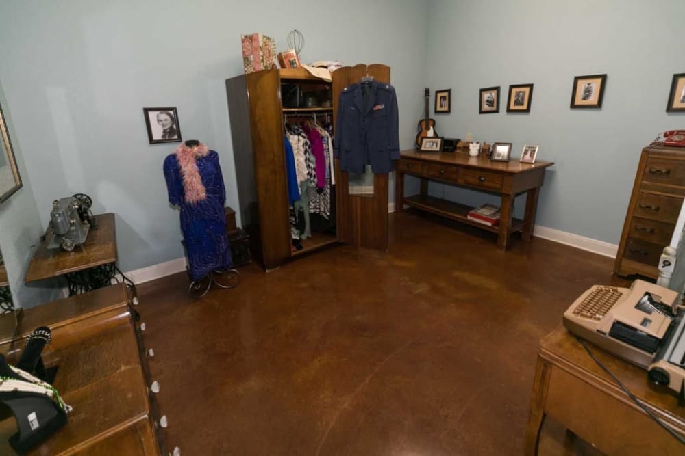 Closet and apartment at RockBrook Memory Care in Lewisville, Texas