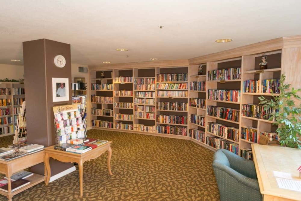 Well stocked comunal library at The Grand Court Senior Living in Mesa, Arizona