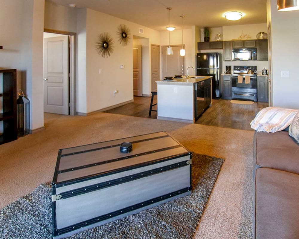 Large open-concept living area with plush carpeting in a model home at Anatole on Briarwood in Midland, Texas