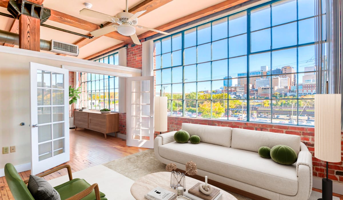 A furnished apartment living room at Cigar Lofts in Richmond, Virginia