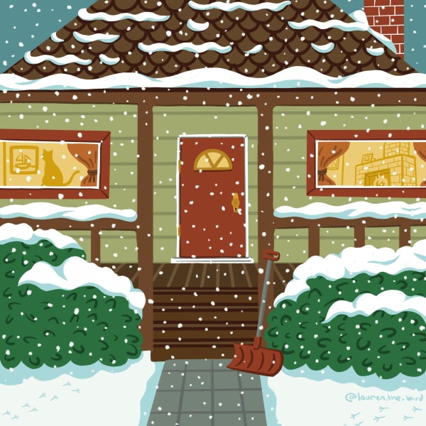 Digital drawing of a house with a porch in the snow and a snow shovel leaned against the porch