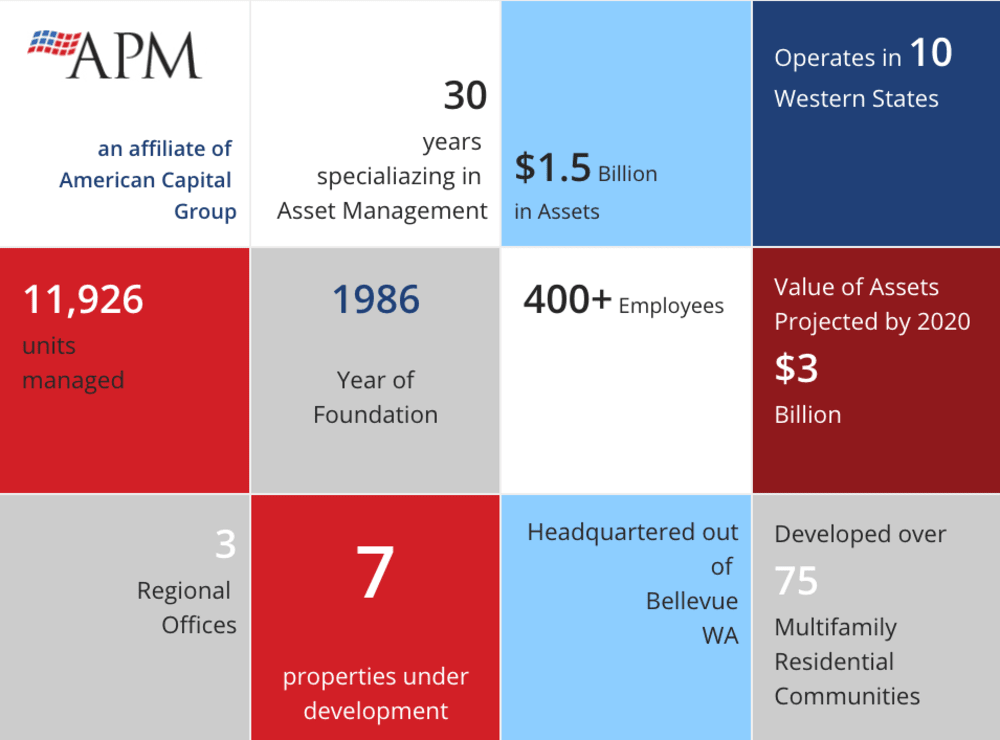 Graphic matrix showing key company statistics about American Property Management in Bellevue, Washington