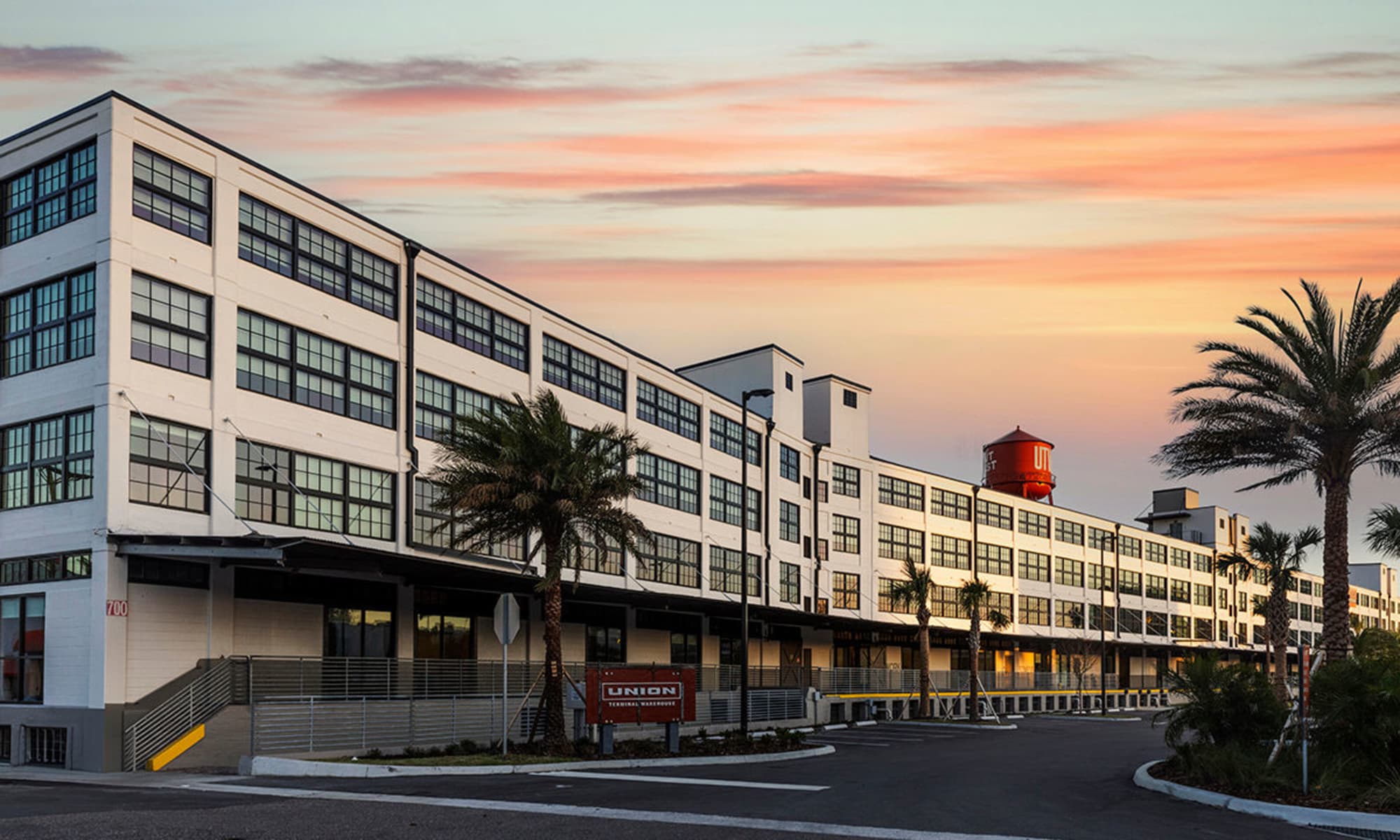 Exterior shot of building and water tower at Union Terminal Warehouse in Jacksonville, Florida