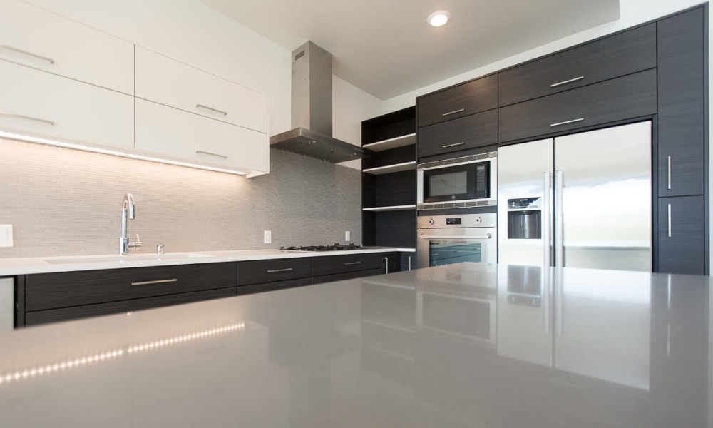 Model kitchen with modern appliances at 16 Powerhouse Apartments in Sacramento, California