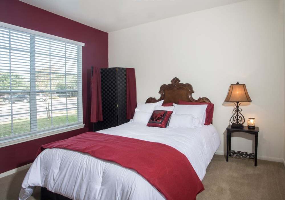 Cozy bedroom with a queen bed, decorative pillows, and a bedside lamp by the window at Rincon Apartments in McAllen, Texas