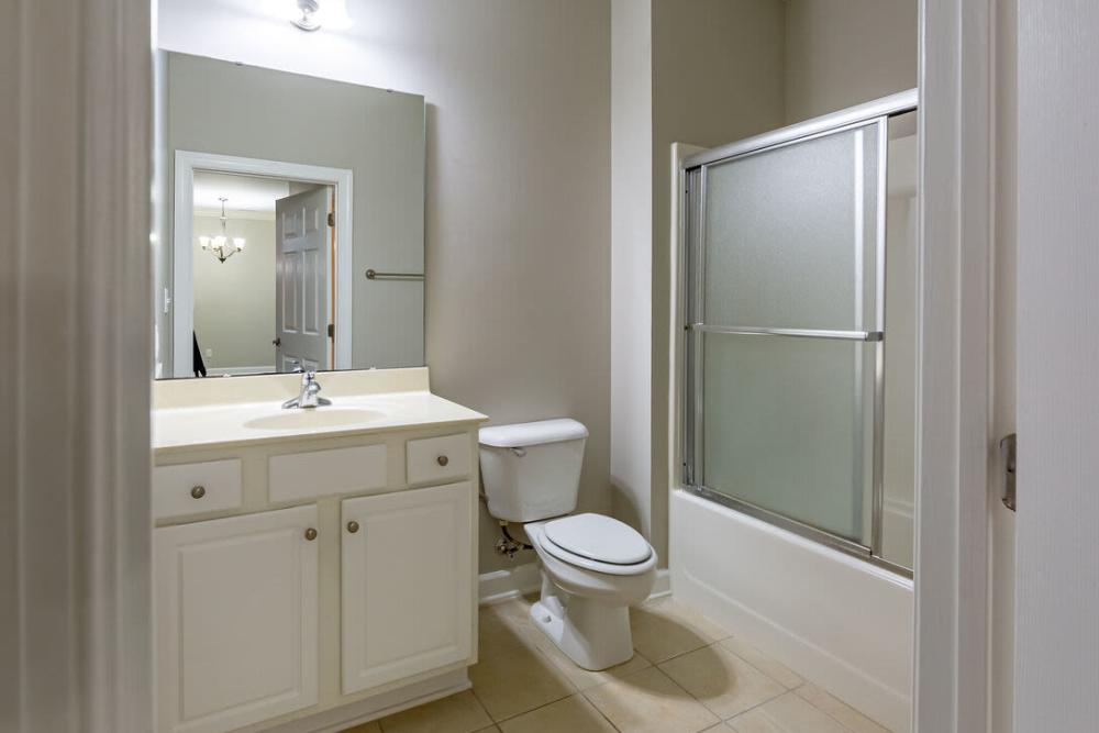 Bathroom with walk in shower at Amelia Apartments in Fayetteville, North Carolina