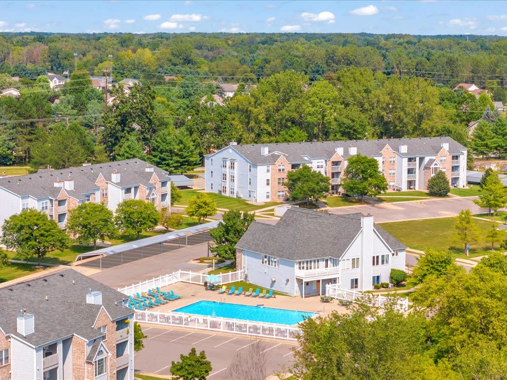 Exterior view of the apartments at Timber View Apartments in Grand Haven, 