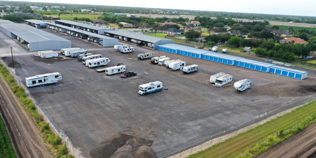 Aerial view of RVs parked at Avid Storage in La Feria, Texas