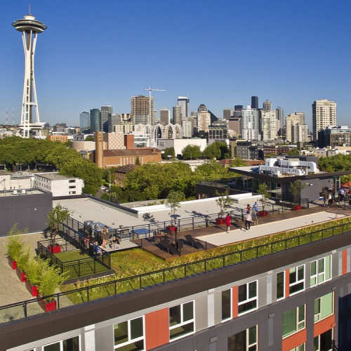 View of the Space Needle at Astro Apartments in Seattle, Washington