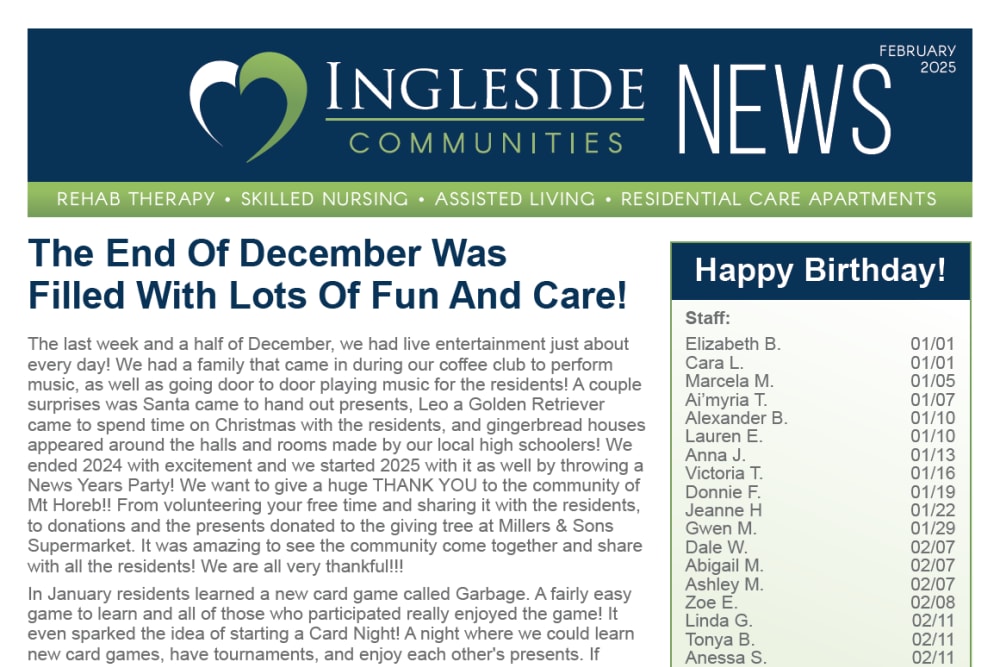 February 2025 Newsletter at Ingleside Communities in Mount Horeb, Wisconsin