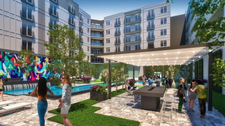 3d image of an apartment with people moving