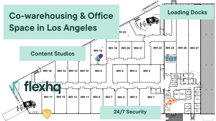 floor plan of flexhqs cowarehousing space in downtown los angeles. units available. book for tour