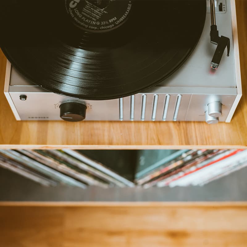 Turntable and records at The Copeland in Austin, Texas