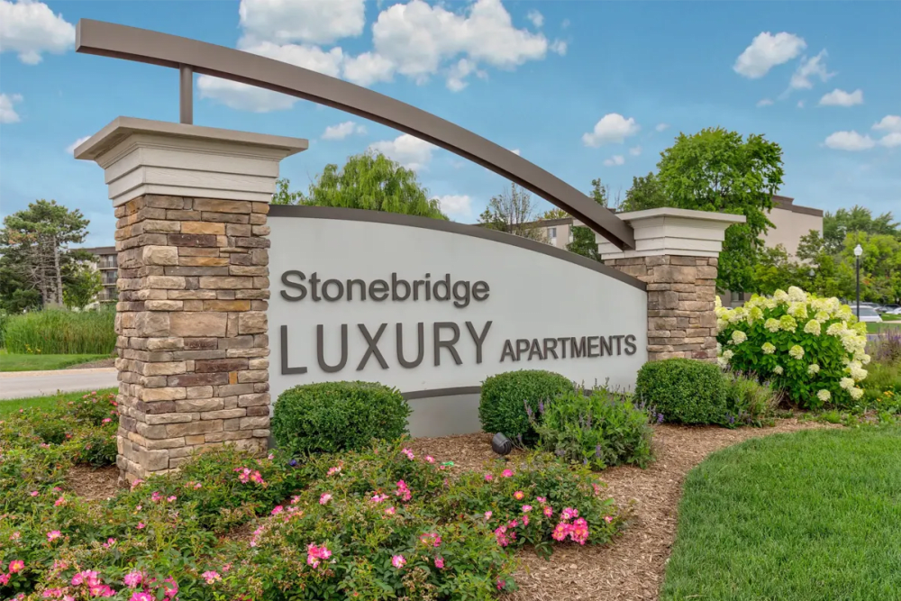 Signage of apartment homes at Stonebridge in Arlington Heights, Illinois