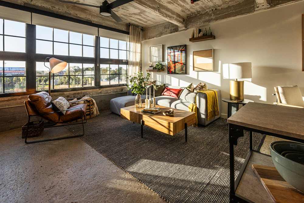 Model living room at Union Terminal Warehouse in Jacksonville, Florida