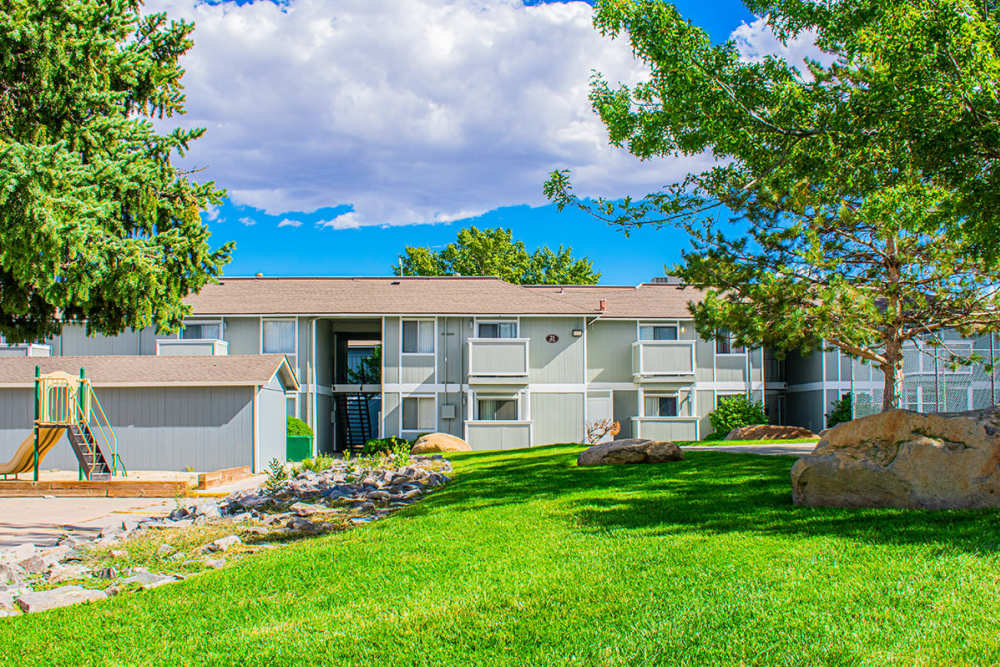 Kids play area and lawn at Village of the Pines in Reno, Nevada