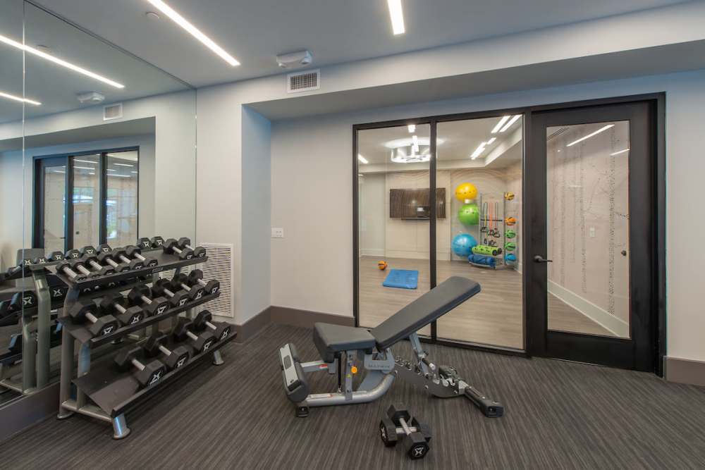 Fitness center with weights at The Elms at Century in Germantown, Maryland