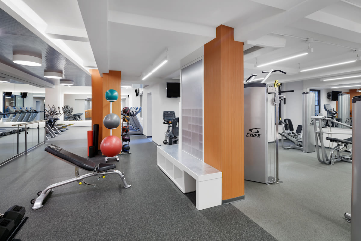 Fitness center with plenty of workout stations at London Terrace Gardens in New York, New York