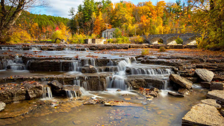 Water gently flowing down a stream with lovely fall foliage in the background.