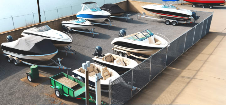 An outdoor boat storage area with various types of boats stored on trailers in a secure lot, featuring protective fencing and surveillance cameras, suitable for basic boat storage needs