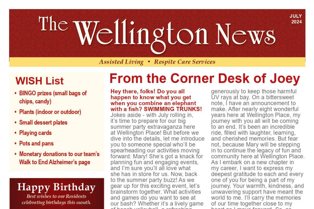 July 2024 newsletter at Wellington Place at Whiting in Stevens Point, Wisconsin