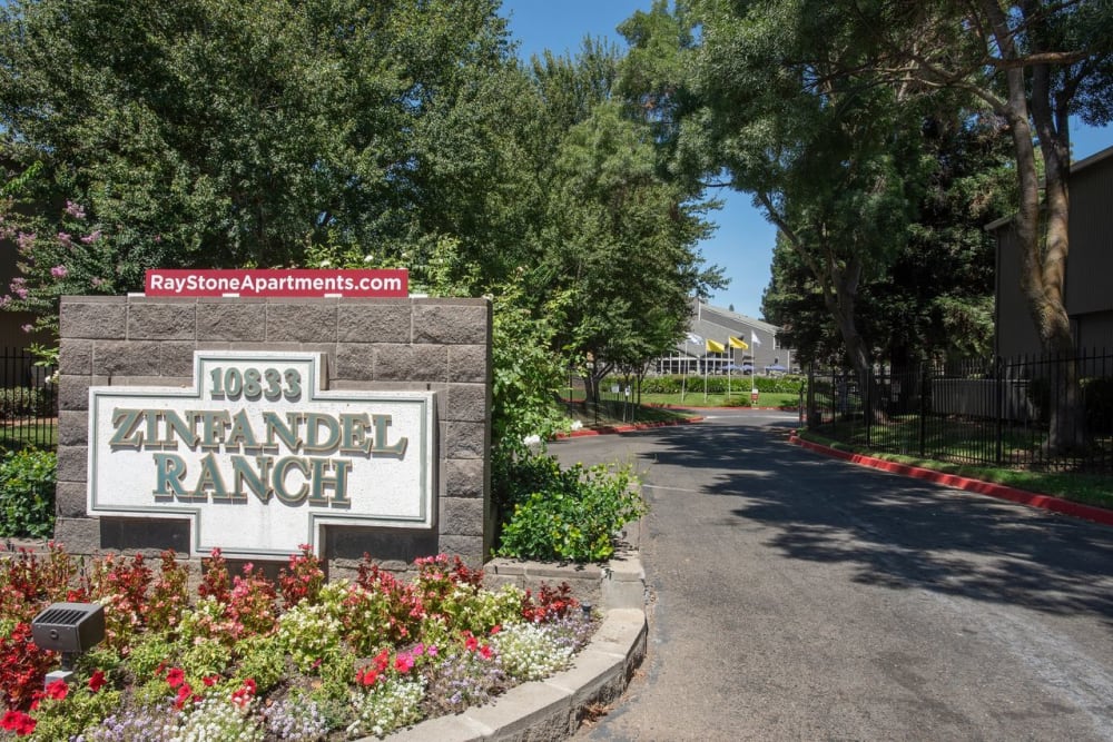 Street entrance to Zinfandel Ranch Apartments in Rancho Cordova, California