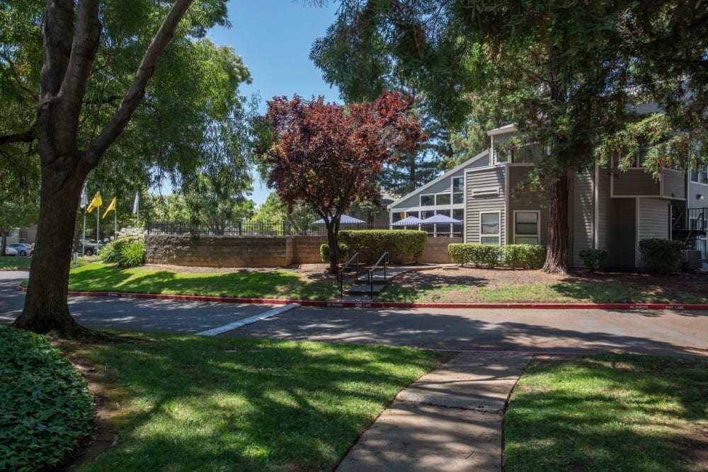 Pathways and greenery at Zinfandel Ranch Apartments in Rancho Cordova, California