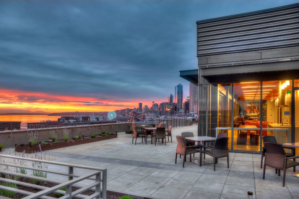 Outdoor rooftop lounge at The Nolo at Stadium Place in Seattle, Washington