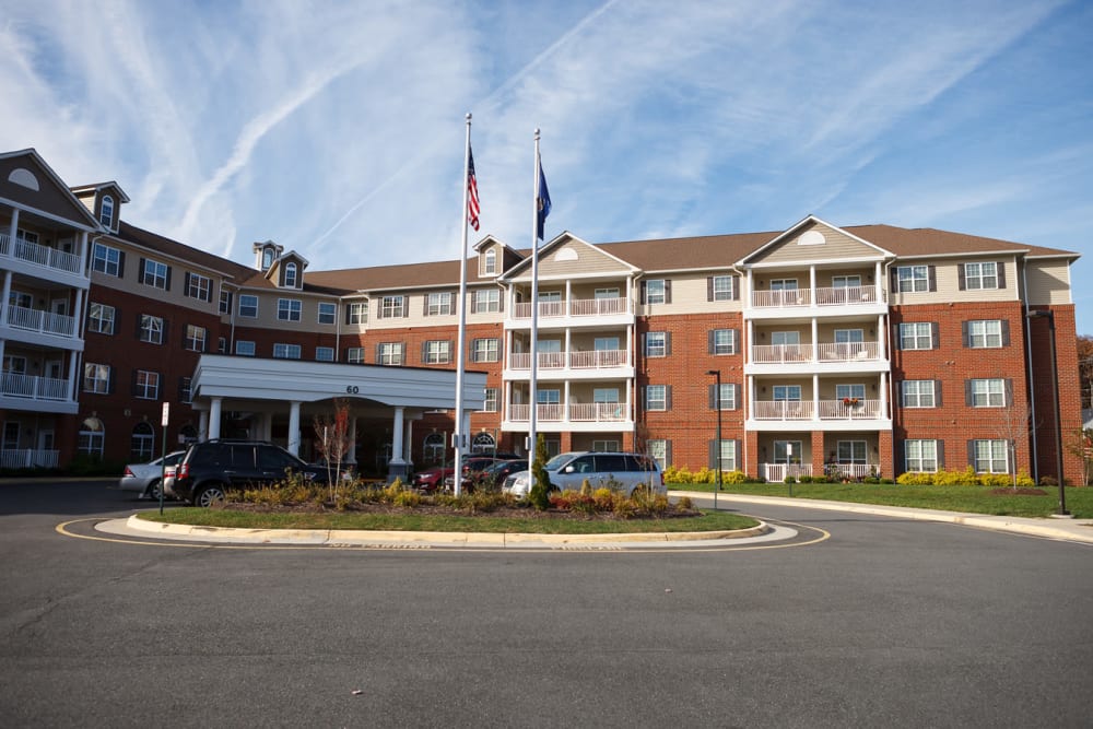 The exterior of the main entrance at Harmony at Falls Run in Fredericksburg, Virginia