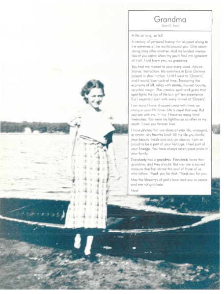 Antique style full image of Jean Ray as a young lady in front of a canoe by the lake and her grandson's letter in a text block